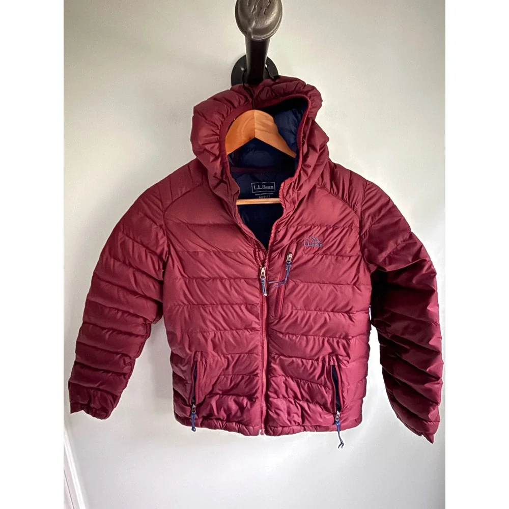 LL Bean Kids Ultralight 650 Down Hooded Jacket Burgundy Maroon Size M 10-12